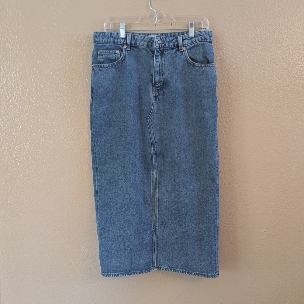 H&M Blue Denim Long Medium Wash  Maxi Skirt With Slit In Front